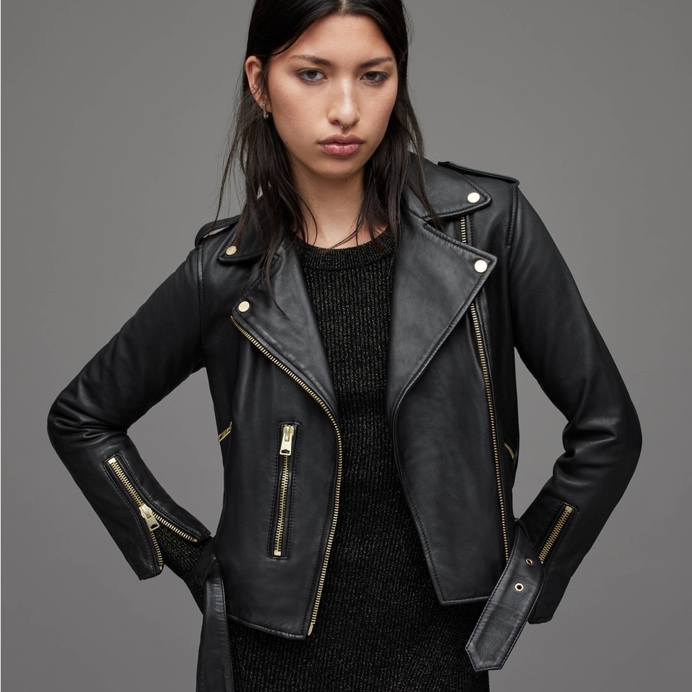 All Saints Balfern Gold Leather Biker Jacket